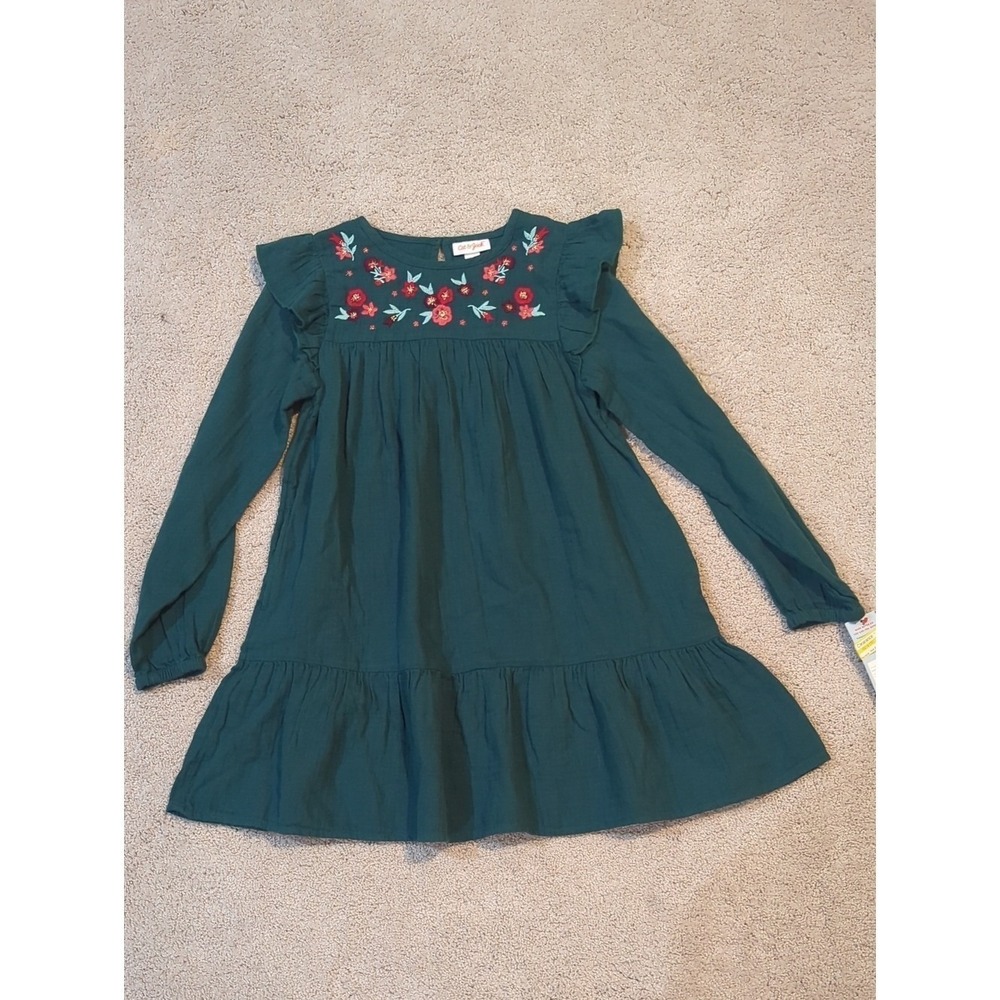 Cat & Jack Dress Girls Medium 8 Green Floral Embroidered Ruffle Boho NWT